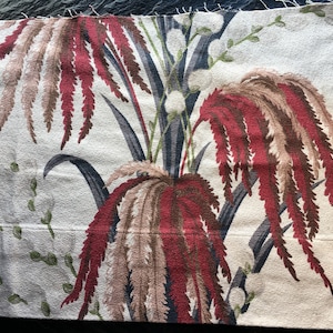 Vintage 1930s Barkcloth Decorator Fabric // 17x46&quot; + &gt; pussywillow flowers, tropical leaves &gt; burgundy, merlot, chocolate, cobalt blue
