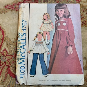Vintage 1970s Children's Dress or Top and Pants Pattern // McCall's 4767 > size 1 > wide ruffling, yoke, puff sleeves, square neckline