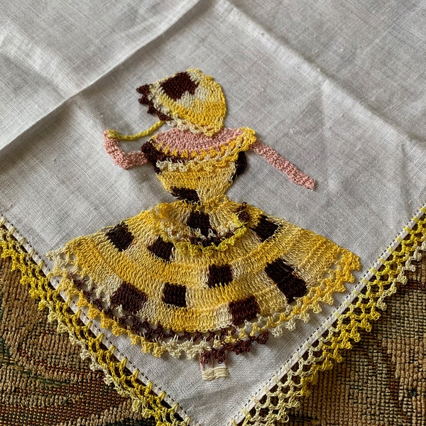 Vintage Naughty Crinoline Girl Handkerchief // 12" sq > lift her skirt to see her panties > yellow to brown thread crochet lace, sunbonnet