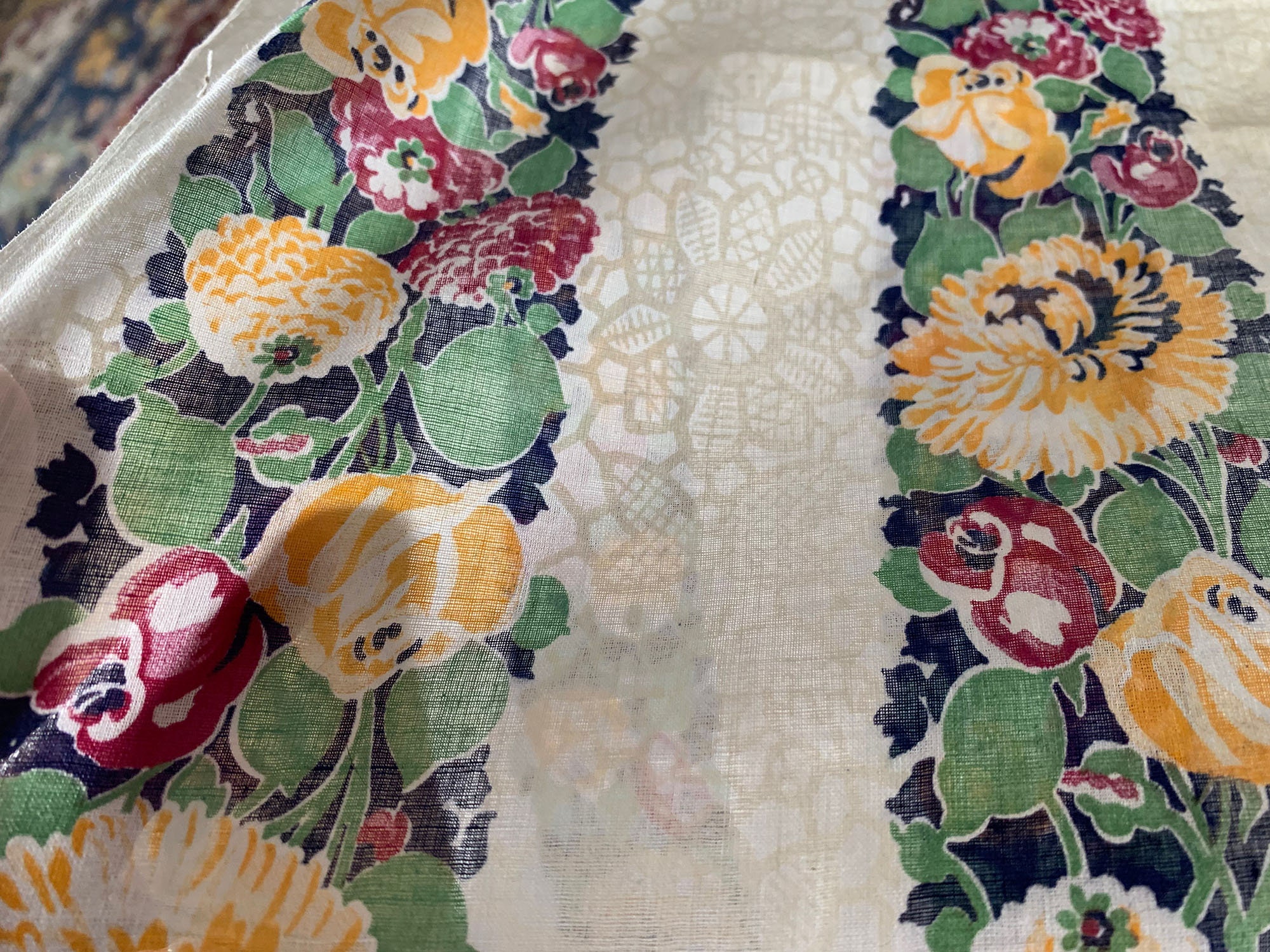Antique Vintage Semi-sheer Faux Lace & Floral Stripe Voile Fabric 