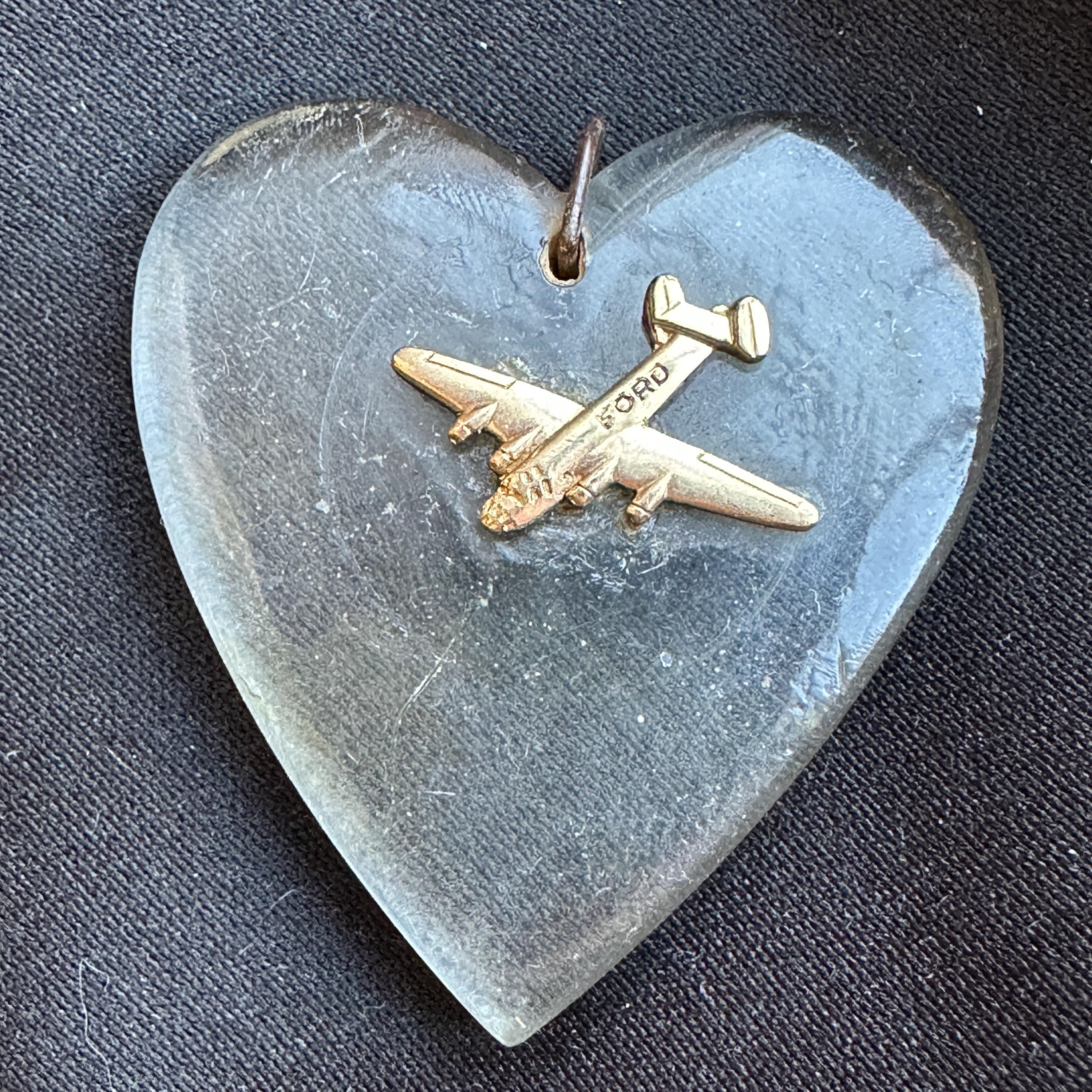 Vintage 1940s Lucite Heart Sweetheart Pendant W/ford Airplane // 1