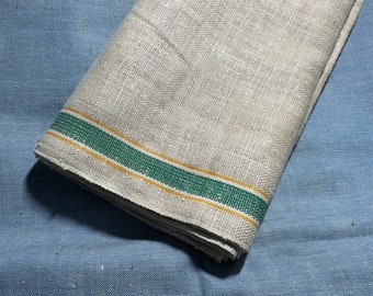 Vintage Flax Linen Toweling Fabric // 18x16.5" BTHY by the half yard > NOS unused deadstock > green, yellow, white side stripes > ecru hemp