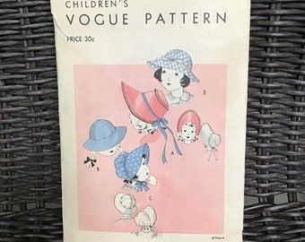 Antique Vintage 1930s Children's Hat Set Pattern // Vogue 2018 > Head Size 20 > poke brim, Regency bonnet, brim, sunbonnet