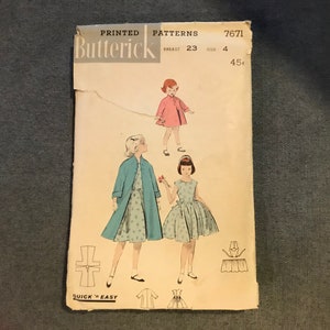 May include: Vintage sewing pattern for a girl's dress and coat. The pattern is from Butterick, number 7671, size 4, and requires a 23 inch bust. The pattern includes instructions for a dress with a full skirt and a coat with a collar and long sleeves.