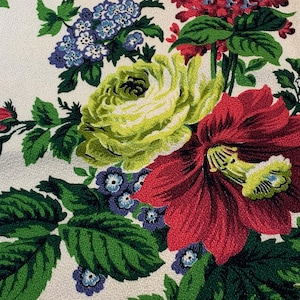 Vintage Cotton Barkcloth Fabric // 52x46&quot; &gt; Vat Dyed &gt; chartreuse cabbage roses, blue primrose, red lilacs, tropical hibiscus &gt; Unused