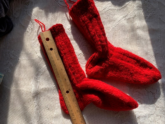 Antique Vintage Hand Knit Red Wool Socks // 8" fo… - image 7