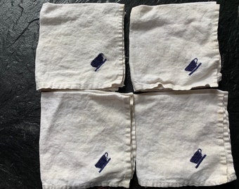 Vintage Linen Cocktail or Luncheon Napkins- Embroidered Tea, Coffee Cups // 10x10" > set of 4 > navy blue on white