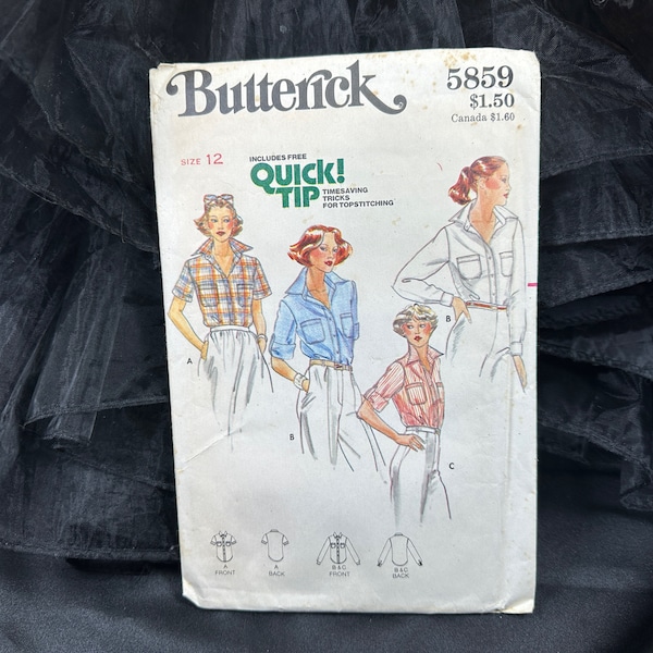 Vintage 1970s Misses' Shirt Pattern // Butterick 5859 > Size 12 > semi-fitted, button down, collar, pockets, buttoned cuffs