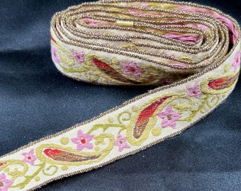 Vintage 1960er-1970er Jahre Jacquard Baumwollband Borte // 59x1" > unbenutzte Deadstock > rosa, grün, roter Zopf