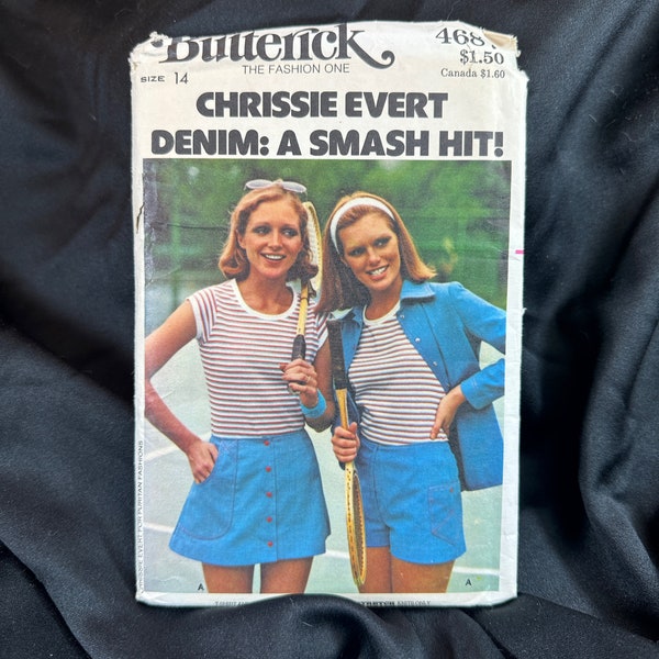 Vintage 1970s DENIM: A Smash Hit! Chrissie Evert Pattern // Butterick 4687 > Sz 14 > Unused > shirt, skirt, shorts, briefs, tennis, sports