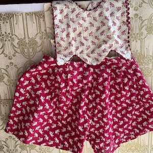 Vintage 1940s Seersucker Bib Romper Shorts // child size > cotton novelty print- reverse palm trees > tropical island, tiki, Hawaii