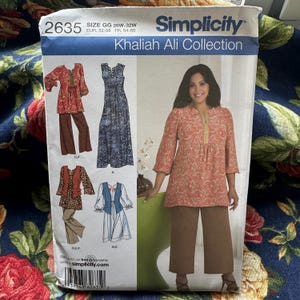 May include: A sewing pattern for a tunic top and pants. The pattern is for sizes GG 26W-32W, EUR 52-58, FR 54-60. The pattern is from the Khaliah Ali Collection by Simplicity.