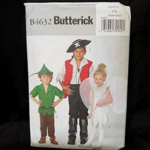 May include: Butterick B4632 sewing pattern featuring costumes for a pirate, Peter Pan, and a fairy. The pattern includes images of the costumes and the text "B4632 Butterick" at the top. The size is CX (Xsm-Sml).