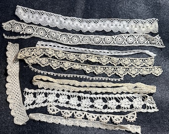 Bundle Lot Vintage & Antika Spetsrester // 117" 10 st > frivoliteter, spole, schiffli, virkade, bandpärlor, restmaterial