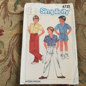 1980s Boys&#39; Shirt and Pull On Pants or Shorts Pattern // Simplicity 6731 &gt; Boys&#39; Size 8 &gt; elastic waist, pockets, topstitching