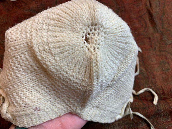 Antique Vintage Knit Ivory Wool Baby Bonnet, Cap … - image 8