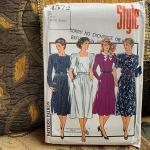 1980s Misses&#39; Pleated, Flanged Bodice Dress Pattern // Style 4572 &gt; Size 14 &gt; Unused &gt; pockets, tapered, gathered or tucked full sleeves