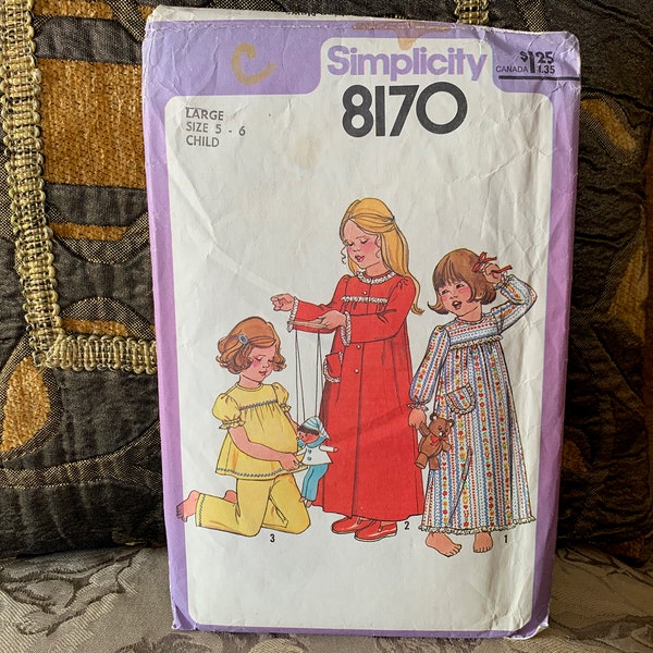 Vintage 1970s Child's Nightgown, Pajamas and Robe Pattern // Simplicity 8170 > Girl Sz 5-6 > Unused > gathered to yoke, ruffle, puff sleeves