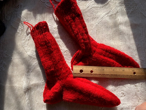 Antique Vintage Hand Knit Red Wool Socks // 8" fo… - image 6