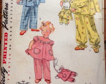 Vintage 1940 Child's Pajama, Bunny & Bunny Pajamas // Simplicity 4102 > Size 6 > pjs and matching stuffed rabbit doll