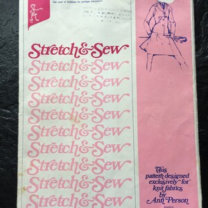 May include: A pink and white sewing pattern envelope for a set-in sleeve jacket. The pattern is designed exclusively for knit fabrics by Ann Person. The pattern number is 1050. The sizes are 28-30-32-34-36-38-40.