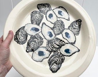 Large Oyster platter, wheel thrown, hand-painted oysters, clear food-safe glaze.