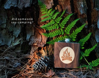 Campfire Wooden Hip Flask by Autumn Woods Co | Custom Engravings Available! | Handmade 6 oz. Flask | Mountain Gifts Men