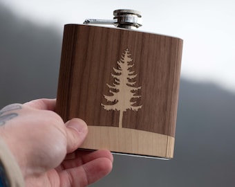 Handmade Wooden Pine Tree Hip Flask by Autumn Woods Collective, Can be Personalized with Your Custom Engraving