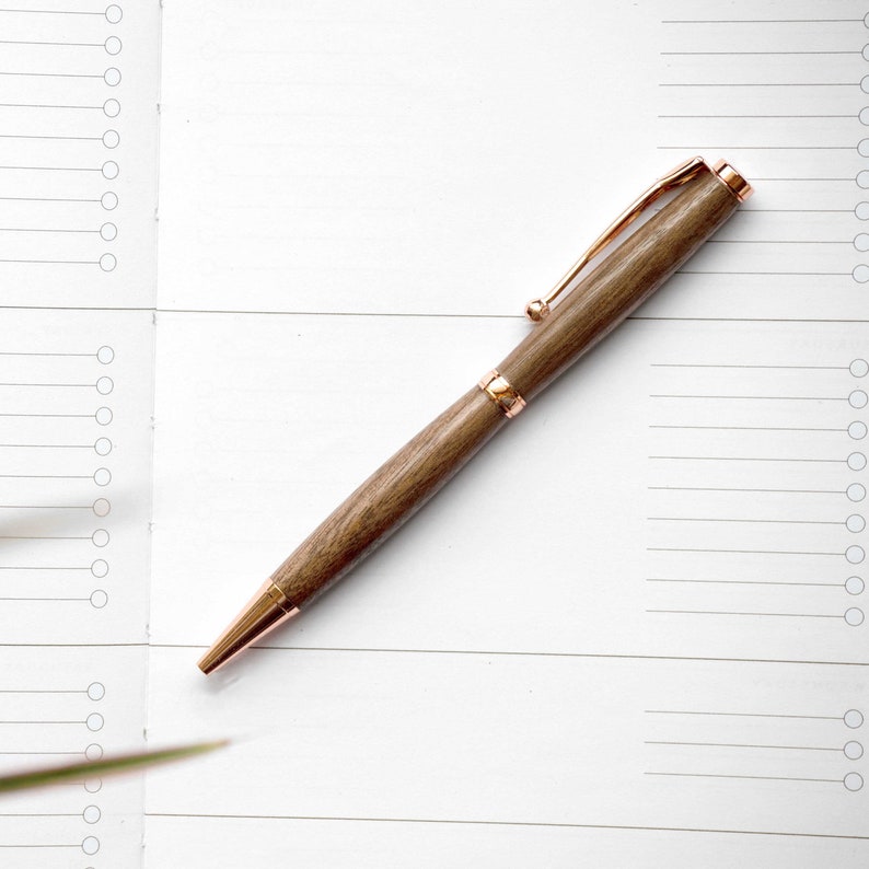 Dark Walnut Narrator Ballpoint Pen Slimline Wood Pen Office Pen High Quality Center Twist Pen Autumn Woods Co Rosy Copper