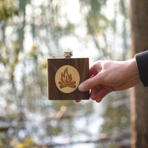 Campfire Wood Flask | Wood Groomsmen Flask | Custom Wholesale Flasks | Handmade 6 oz. Flask | Mountain Gifts Men | Autumn Woods Collective