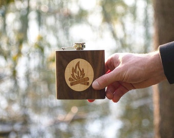 Campfire Wood Flask | Wood Groomsmen Flask | Custom Wholesale Flasks | Handmade 6 oz. Flask | Mountain Gifts Men | Autumn Woods Collective