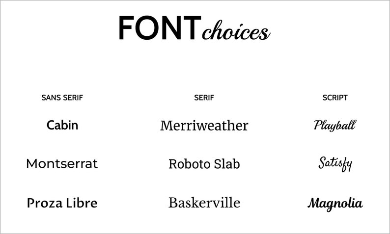 May include: A graphic showing different font choices for typography. The fonts are categorized as sans serif, serif, and script. The sans serif fonts are Cabin, Montserrat, and Proza Libre. The serif fonts are Merriweather, Roboto Slab, and Baskerville. The script fonts are Playball, Satisfy, and Magnolia.