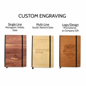 May include: Three wooden journals with different engraving options. The first journal has the initials "RTC" engraved on a dark wood surface. The second journal has a quote by Maya Angelou engraved on a light wood surface. The third journal has a logo for "Cheez-It Bowl" engraved on a brown wood surface.