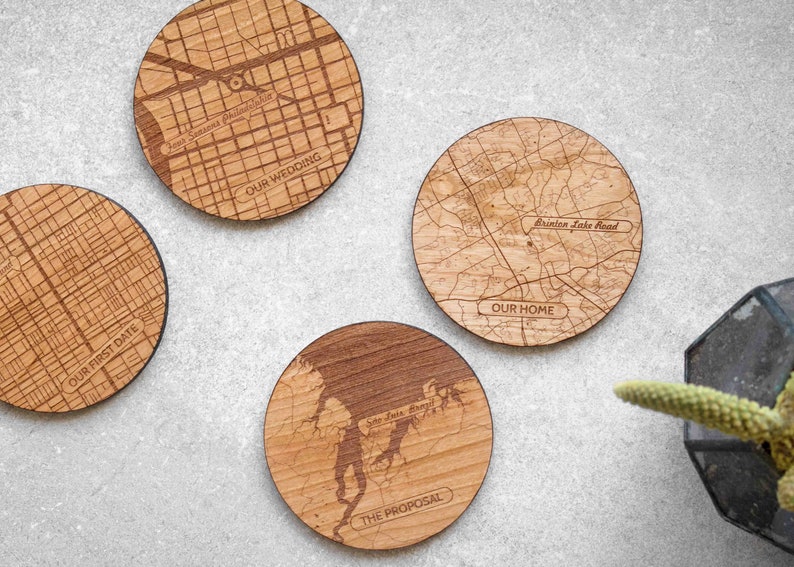 Round Map Coaster Engraved Cherry Wood Map Coasters: Anniversary, Wedding, Housewarming ...