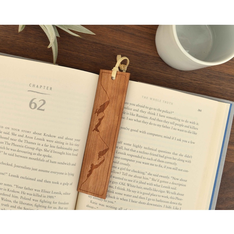 Handcrafted Wooden Mountain Bookmark by Autumn Woods Co Made from Genuine Leather & Cherry Wood image 1