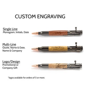 An image showing each of the different custom engraving options available: single line text engraving, multi line text engraving (up to 2 lines), or logo engravings.