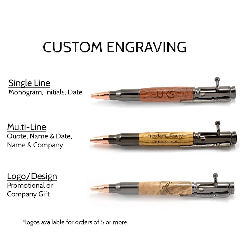 An image showing each of the different custom engraving options available: single line text engraving, multi line text engraving (up to 2 lines), or logo engravings.