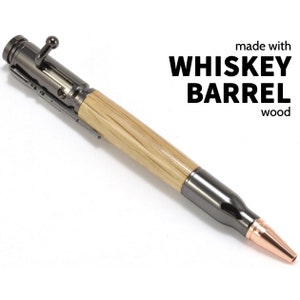 A white background image of our whiskey barrel bolt action pen