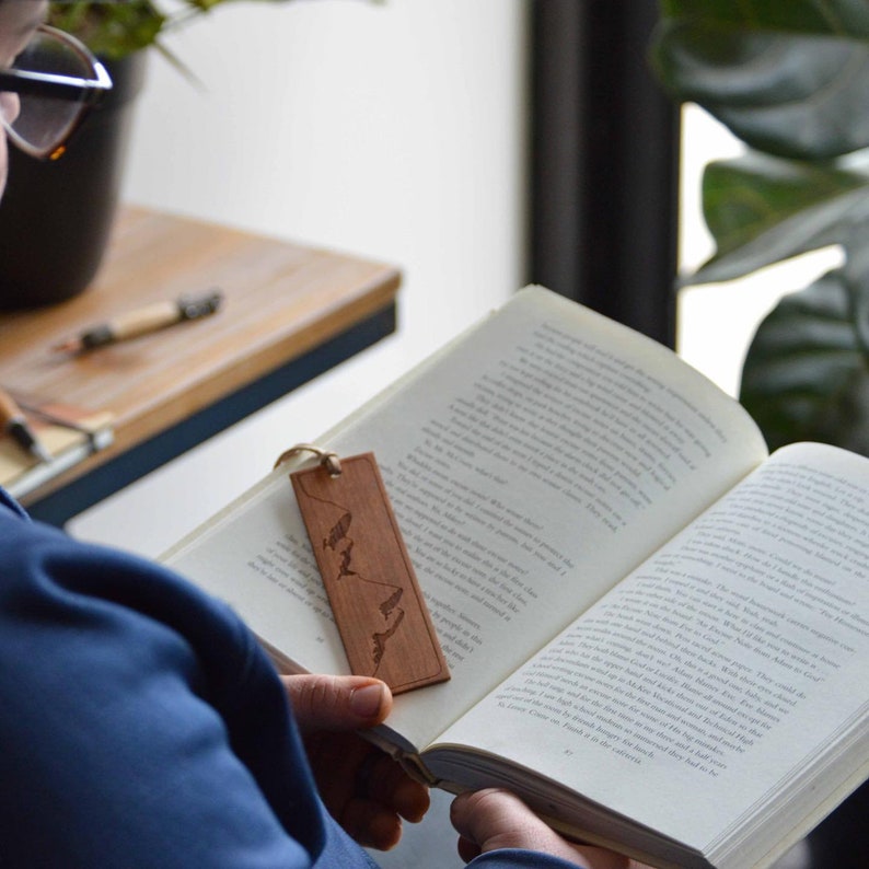 Handcrafted Wooden Mountain Bookmark by Autumn Woods Co Made from Genuine Leather & Cherry Wood image 3