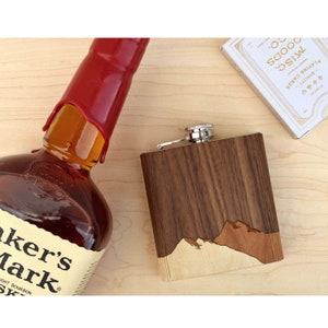 Customizable Mountain Wood Flask | Father’s Day Gift| Outdoor Adventure Gifts | Handmade 6 oz. Flask | Mountain Hiking Flask