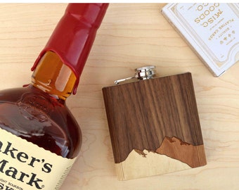 Customizable Mountain Wood Flask | Stocking Stuffer | Outdoor Adventure Gifts | Handmade 6 oz. Flask | Mountain Hiking Flask