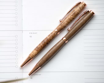 Narrator Wood Pen | Slimline Ballpoint Pen by Autumn Woods Co | In Cedar, Walnut, Cherry, or Maple Burl with Rose Gold Kits | Office Pen