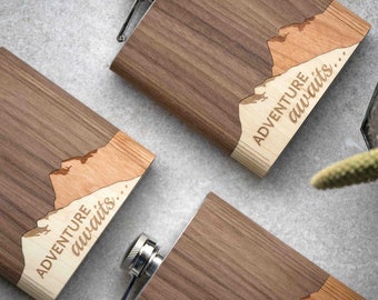 Customizable Mountain Wood 6oz Flask Stocking Stuffer Engraved Gift