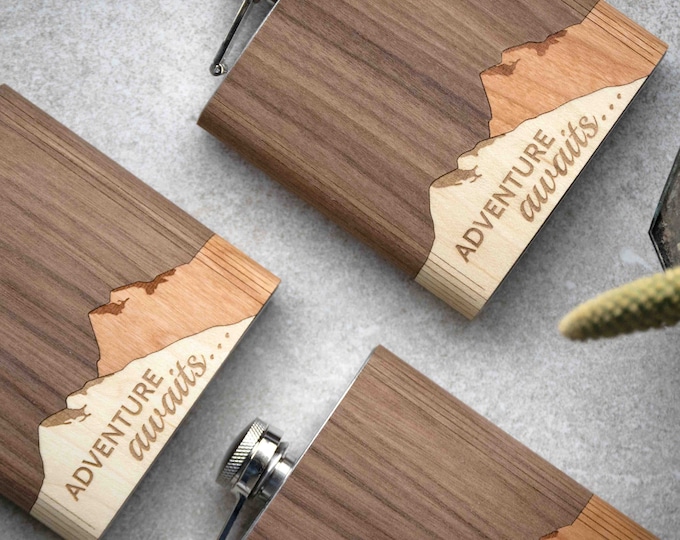 Customizable Mountain Wood 6oz Flask Stocking Stuffer Engraved Gift