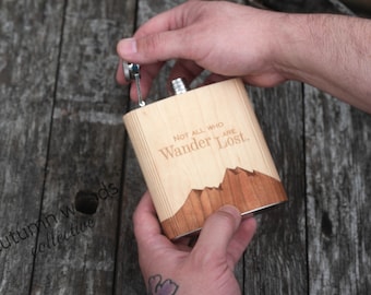 Handcrafted Not All Who Wander Hip Flask by Autumn Woods Co, Add Your Personalized Engraving to this Modern Wood Flask