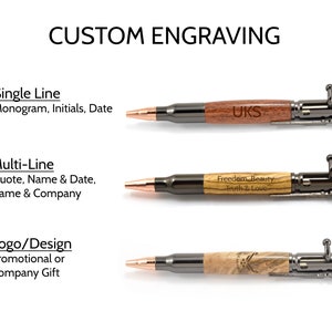 Image showing how a single text engraving, multi line text engraving, and logo engraving look on some of our Bolt Action Pens.