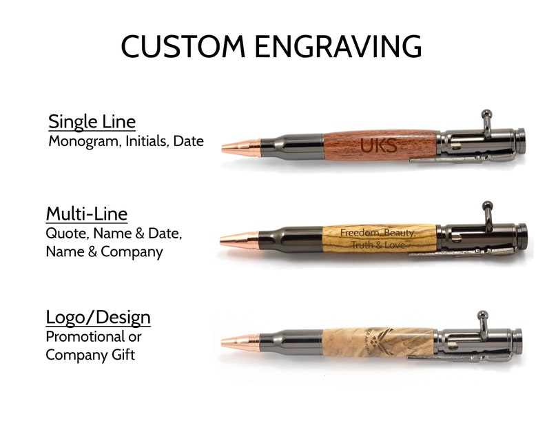 Image showing how a single text engraving, multi line text engraving, and logo engraving look on some of our Bolt Action Pens.