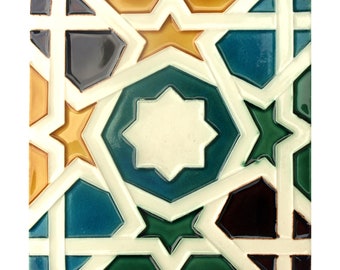 May include: Square ceramic tile with a geometric pattern. The design features interlocking shapes in shades of teal, green, brown, and yellow, outlined with white. The center has an eight-pointed star. The tile is likely for home decor.