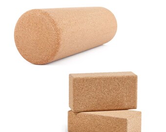 Sustainable Cork Massage Roller + 2 Cork Yoga Blocks