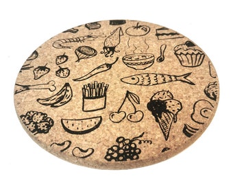 Round Cork Hot Pot Pan Stands Pads Trivet Food Print Design 20cm